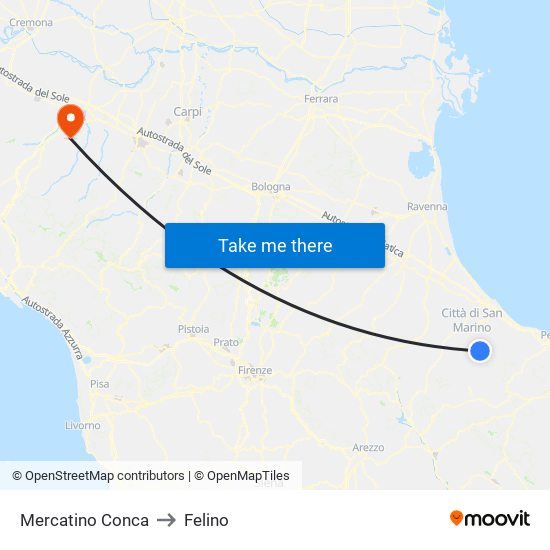 Mercatino Conca to Felino map