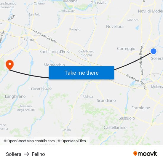 Soliera to Felino map