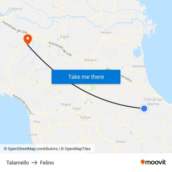 Talamello to Felino map