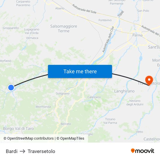 Bardi to Traversetolo map