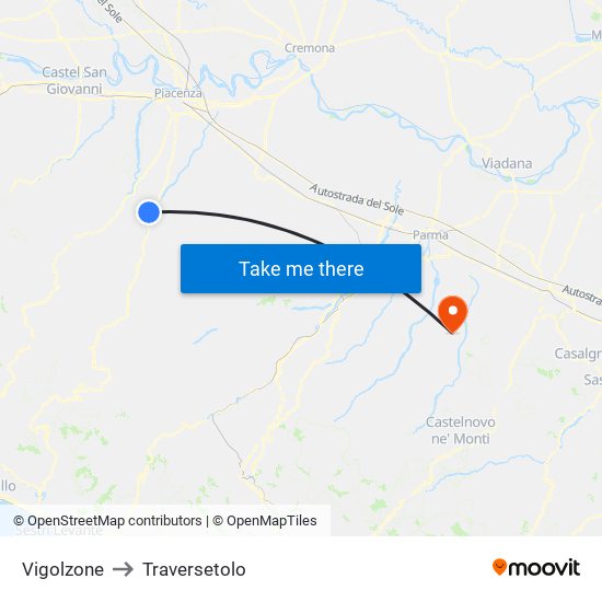 Vigolzone to Traversetolo map