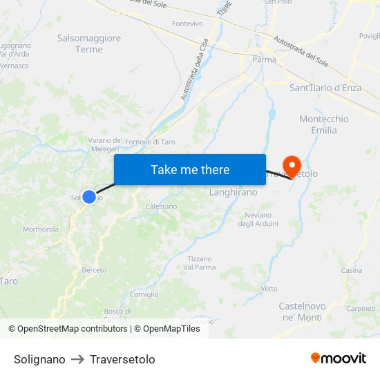 Solignano to Traversetolo map