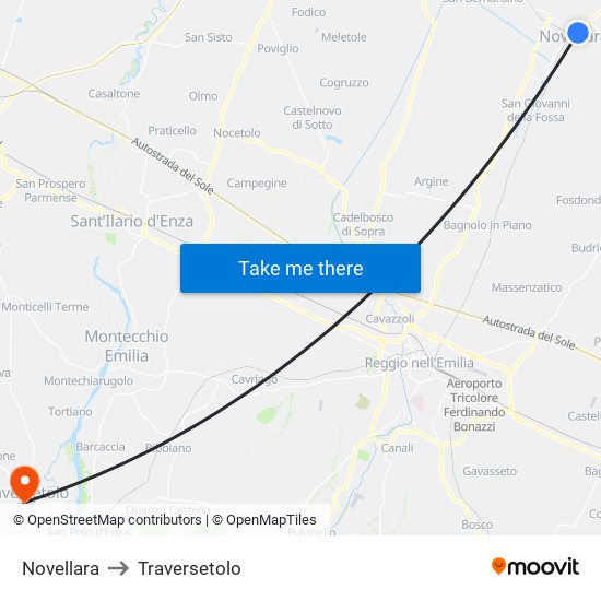 Novellara to Traversetolo map