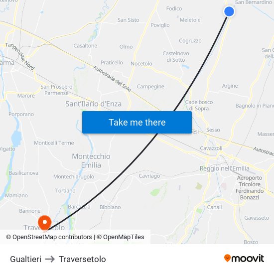 Gualtieri to Traversetolo map