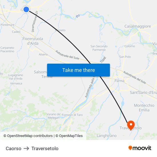Caorso to Traversetolo map