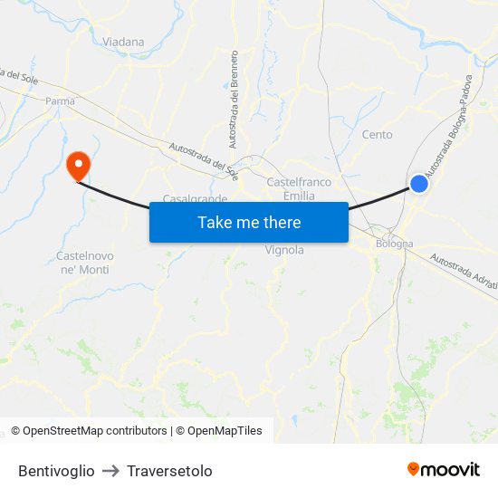 Bentivoglio to Traversetolo map
