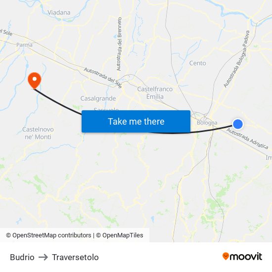 Budrio to Traversetolo map