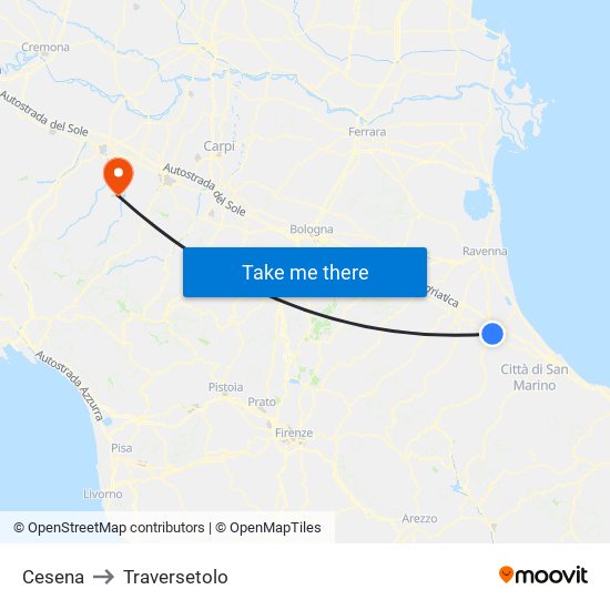 Cesena to Traversetolo map