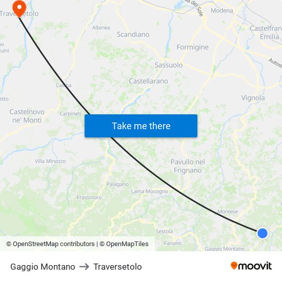 Gaggio Montano to Traversetolo map