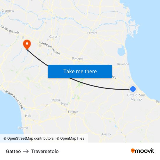 Gatteo to Traversetolo map