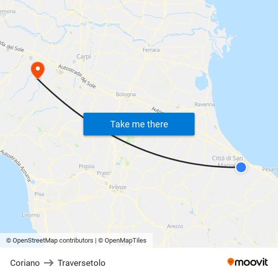 Coriano to Traversetolo map