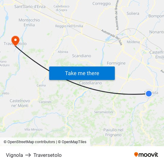 Vignola to Traversetolo map