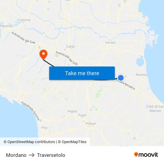 Mordano to Traversetolo map