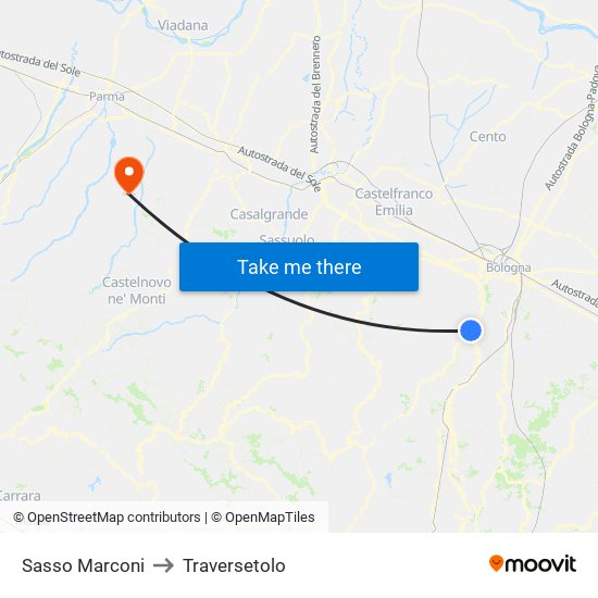 Sasso Marconi to Traversetolo map