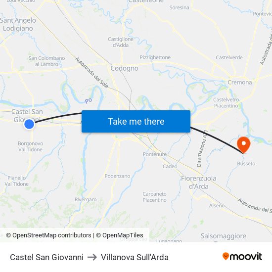 Castel San Giovanni to Villanova Sull'Arda map