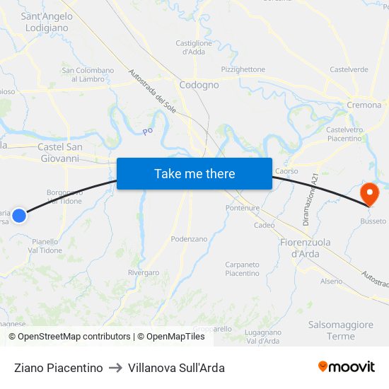Ziano Piacentino to Villanova Sull'Arda map