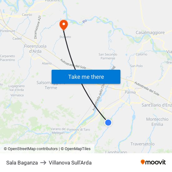 Sala Baganza to Villanova Sull'Arda map