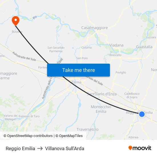 Reggio Emilia to Villanova Sull'Arda map