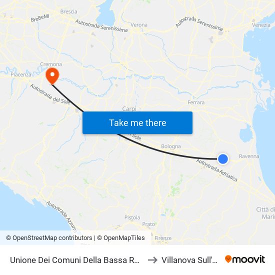 Unione Dei Comuni Della Bassa Romagna to Villanova Sull'Arda map