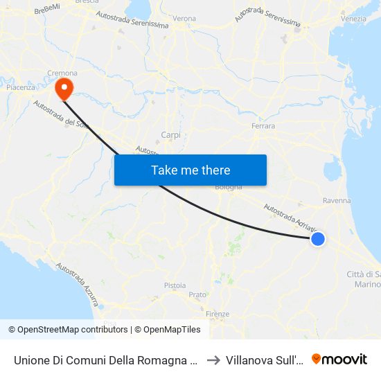 Unione Di Comuni Della Romagna Forlivese to Villanova Sull'Arda map