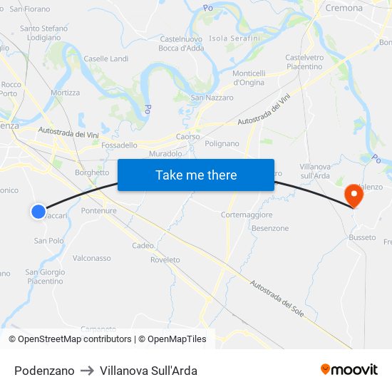 Podenzano to Villanova Sull'Arda map