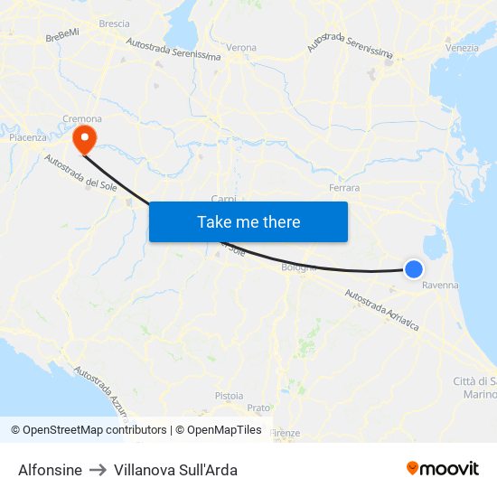 Alfonsine to Villanova Sull'Arda map