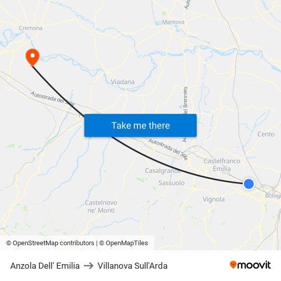 Anzola Dell' Emilia to Villanova Sull'Arda map