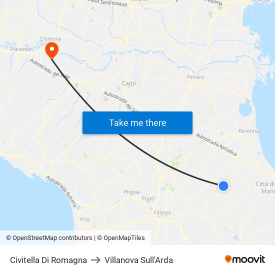 Civitella Di Romagna to Villanova Sull'Arda map