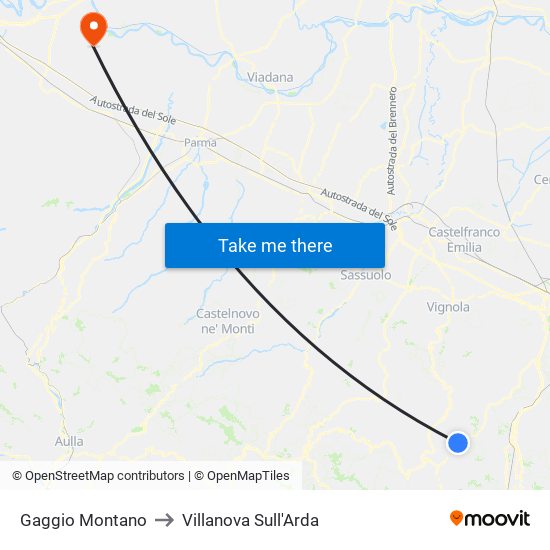 Gaggio Montano to Villanova Sull'Arda map