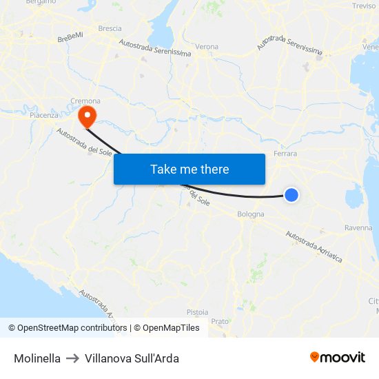 Molinella to Villanova Sull'Arda map