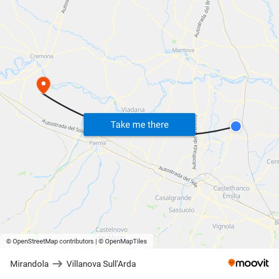 Mirandola to Villanova Sull'Arda map