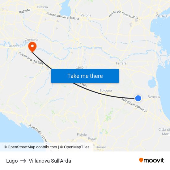 Lugo to Villanova Sull'Arda map
