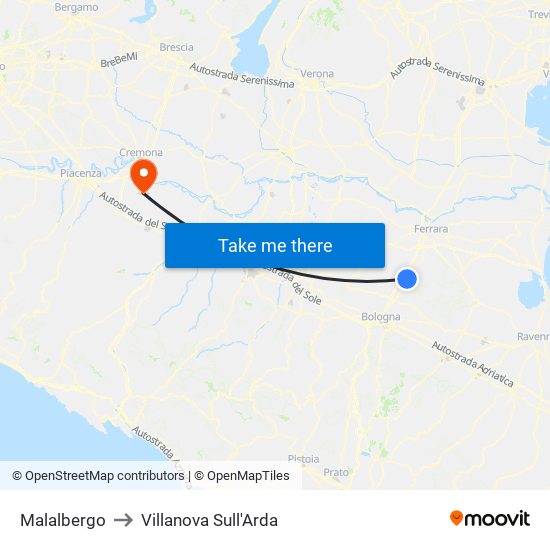 Malalbergo to Villanova Sull'Arda map