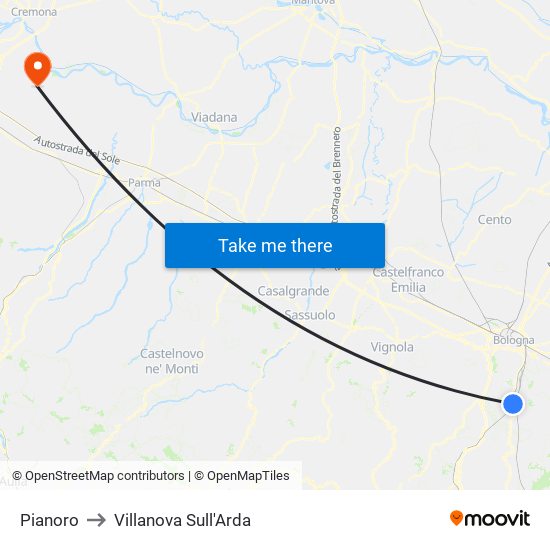 Pianoro to Villanova Sull'Arda map