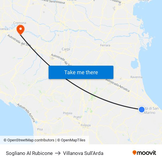 Sogliano Al Rubicone to Villanova Sull'Arda map