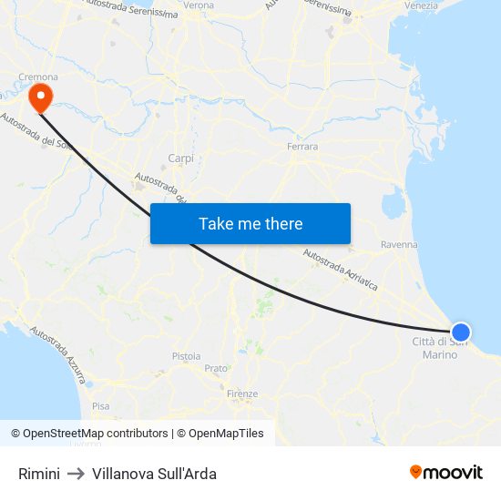 Rimini to Villanova Sull'Arda map