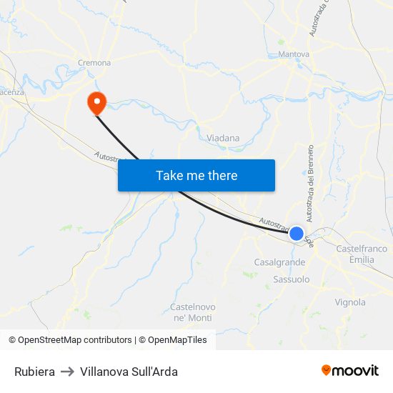Rubiera to Villanova Sull'Arda map