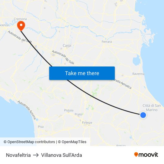 Novafeltria to Villanova Sull'Arda map