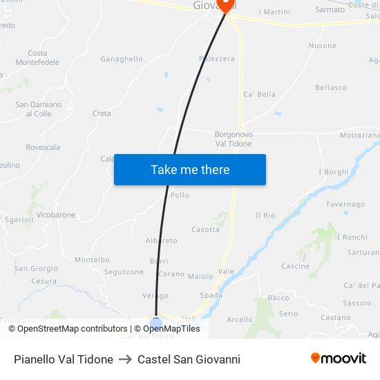 Pianello Val Tidone to Castel San Giovanni map