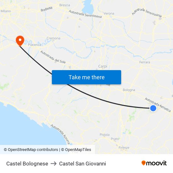 Castel Bolognese to Castel San Giovanni map