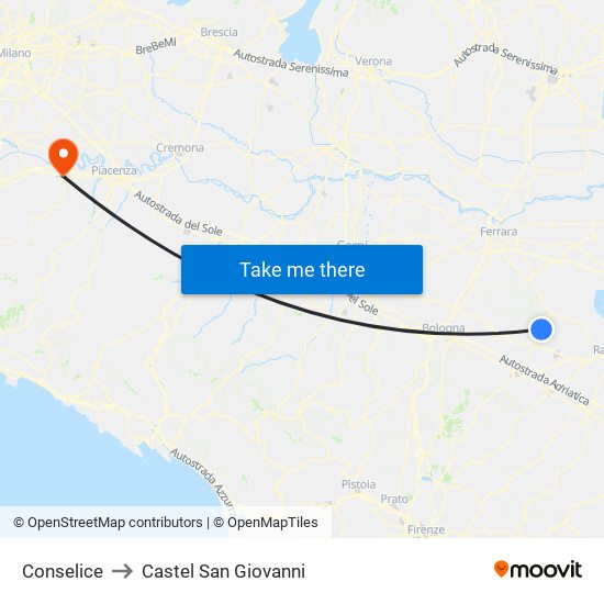 Conselice to Castel San Giovanni map