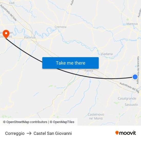 Correggio to Castel San Giovanni map