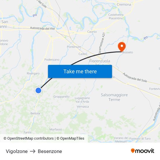 Vigolzone to Besenzone map