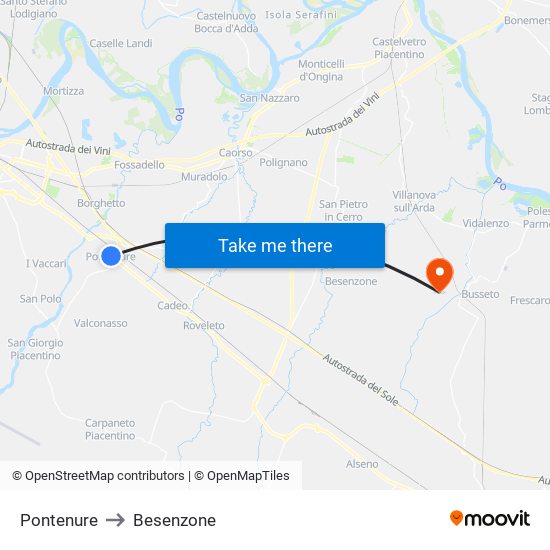 Pontenure to Besenzone map