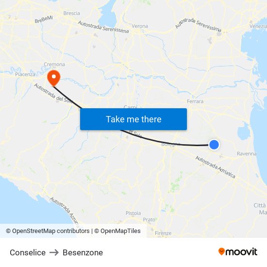 Conselice to Besenzone map