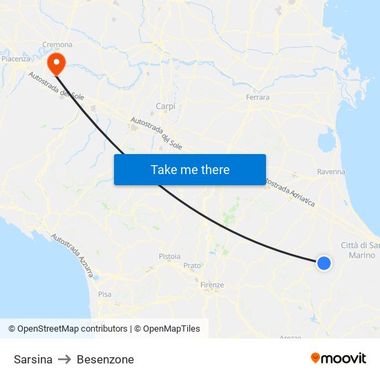 Sarsina to Besenzone map