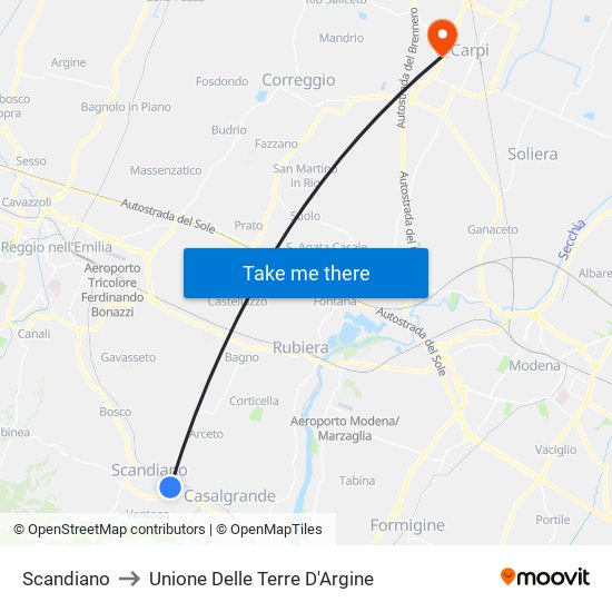 Scandiano to Unione Delle Terre D'Argine map