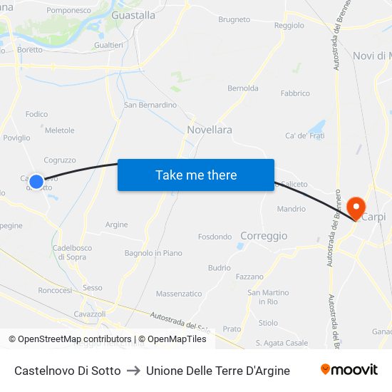 Castelnovo Di Sotto to Unione Delle Terre D'Argine map