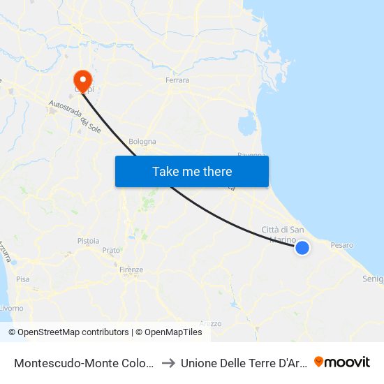 Montescudo-Monte Colombo to Unione Delle Terre D'Argine map