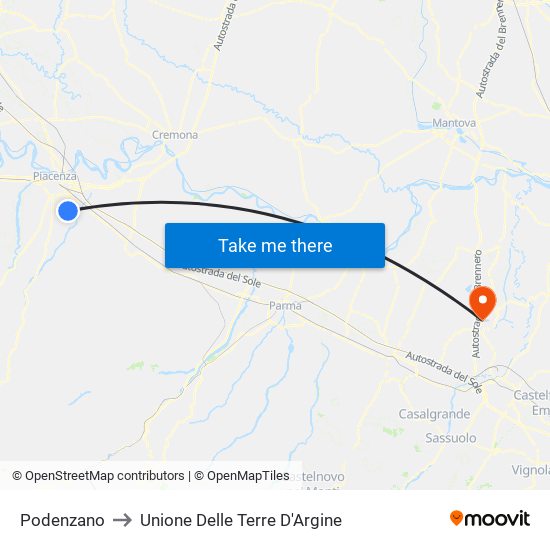 Podenzano to Unione Delle Terre D'Argine map